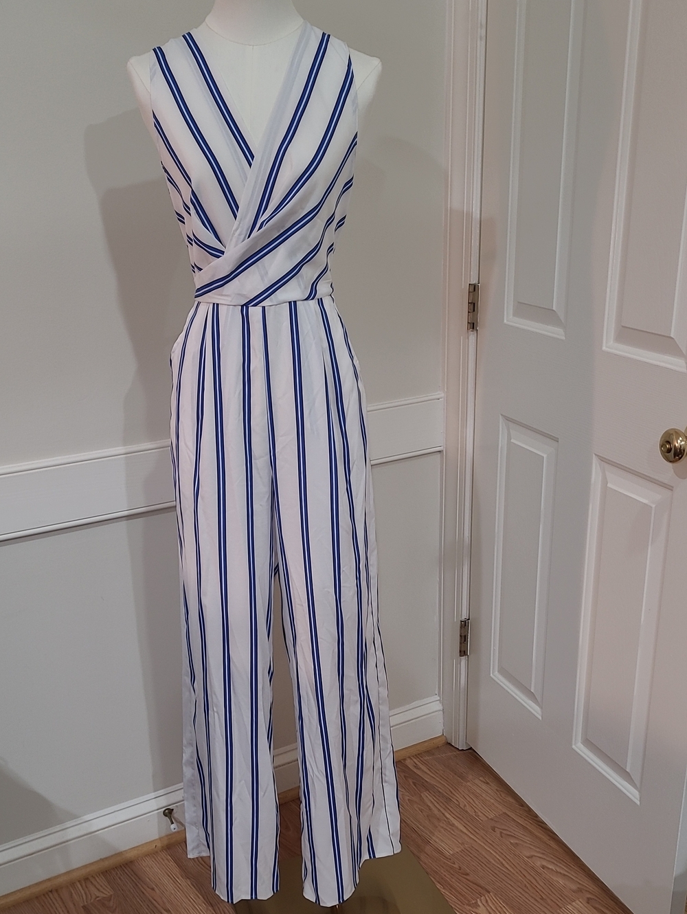 Milk & Honey Nautical Striped White & Blue Sleeveless Jumpsuit - Size M